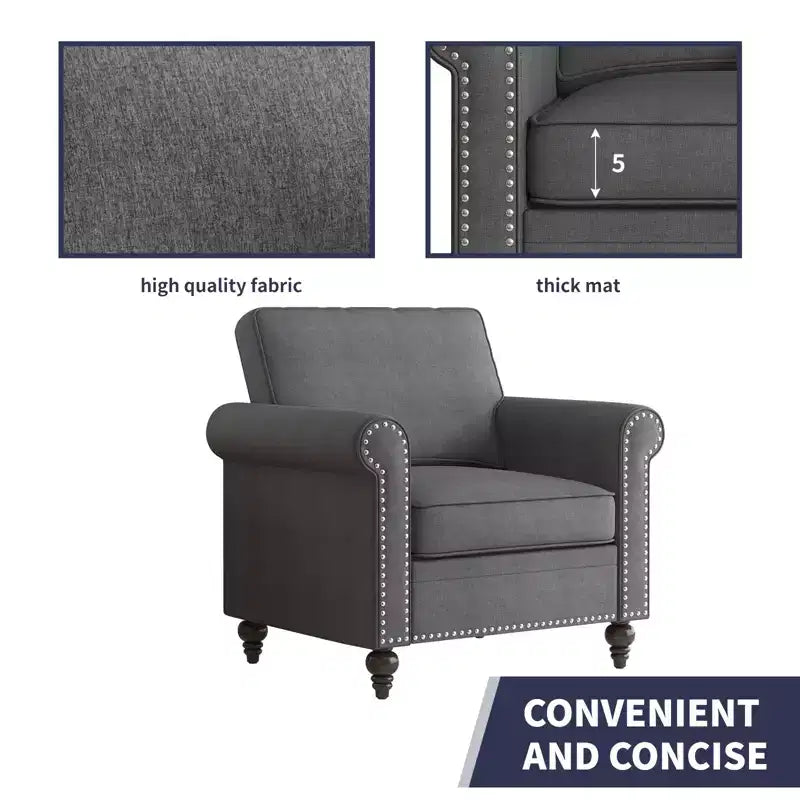 Fauteuil Accent Moderne avec Rivets, Tissu Lin, Fauteuil Simple, Canapé 1 Place du Milieu du Siècle pour Maison/Bureau/Appartement