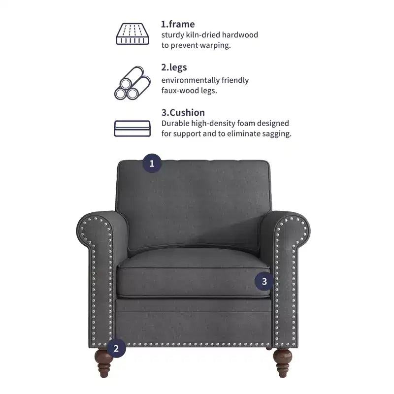 Fauteuil Accent Moderne avec Rivets, Tissu Lin, Fauteuil Simple, Canapé 1 Place du Milieu du Siècle pour Maison/Bureau/Appartement