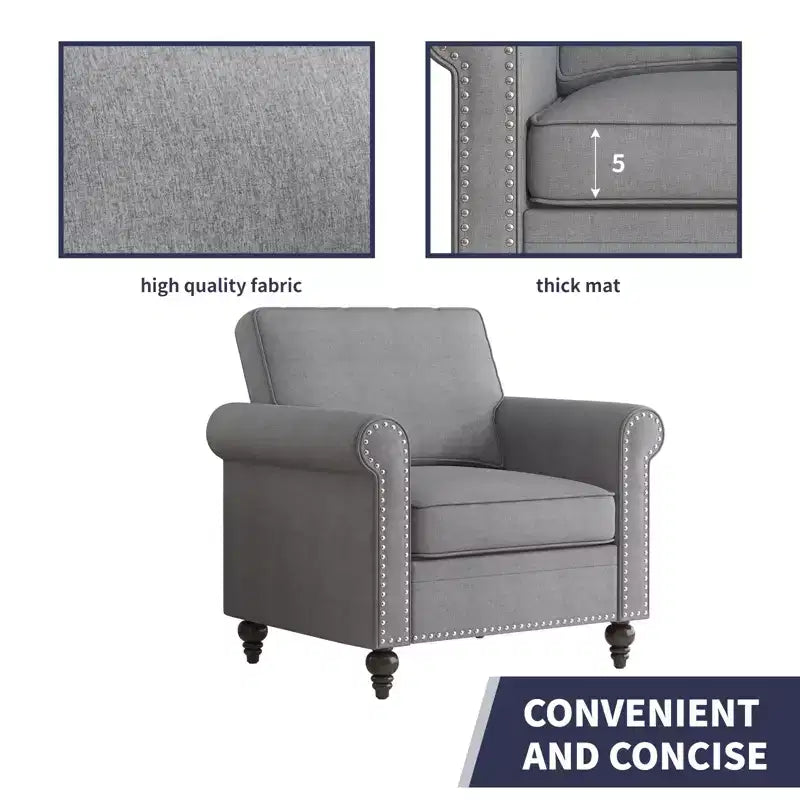 Fauteuil Accent Moderne avec Rivets, Tissu Lin, Fauteuil Simple, Canapé 1 Place du Milieu du Siècle pour Maison/Bureau/Appartement