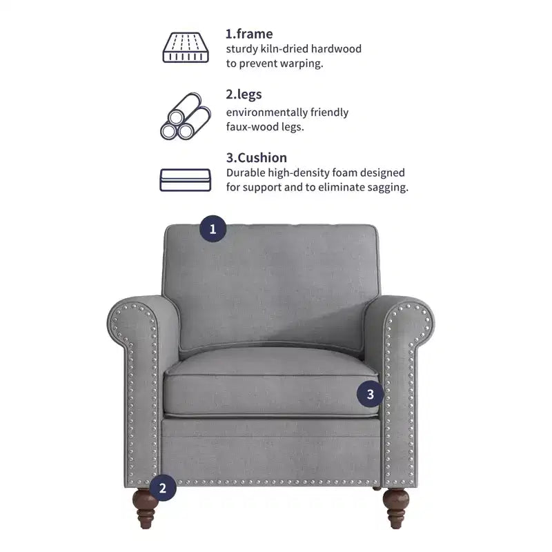 Fauteuil Accent Moderne avec Rivets, Tissu Lin, Fauteuil Simple, Canapé 1 Place du Milieu du Siècle pour Maison/Bureau/Appartement