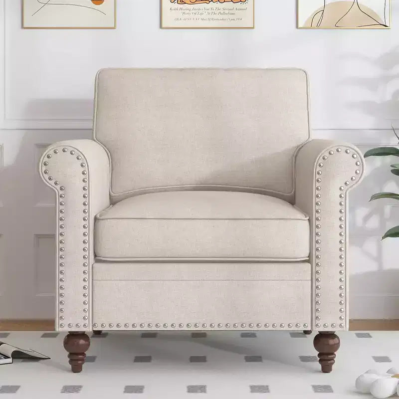 Fauteuil Accent Moderne avec Rivets, Tissu Lin, Fauteuil Simple, Canapé 1 Place du Milieu du Siècle pour Maison/Bureau/Appartement