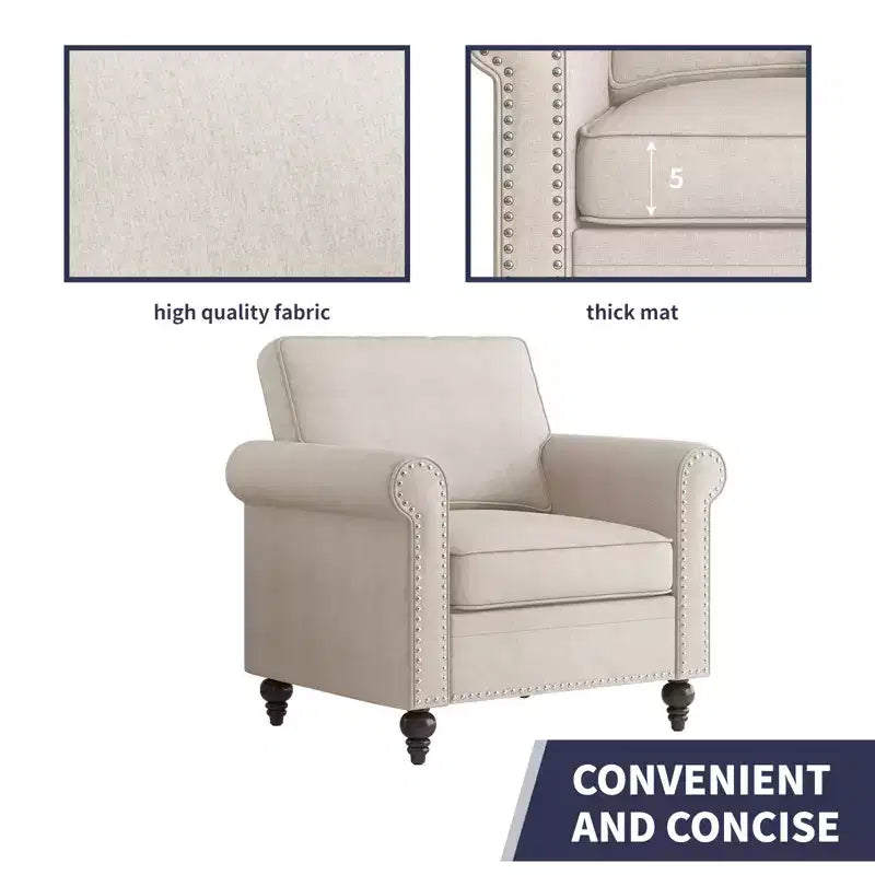 Fauteuil Accent Moderne avec Rivets, Tissu Lin, Fauteuil Simple, Canapé 1 Place du Milieu du Siècle pour Maison/Bureau/Appartement