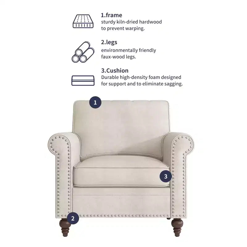 Fauteuil Accent Moderne avec Rivets, Tissu Lin, Fauteuil Simple, Canapé 1 Place du Milieu du Siècle pour Maison/Bureau/Appartement