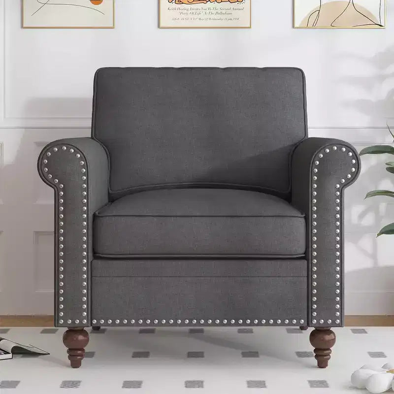 Fauteuil Accent Moderne avec Rivets, Tissu Lin, Fauteuil Simple, Canapé 1 Place du Milieu du Siècle pour Maison/Bureau/Appartement
