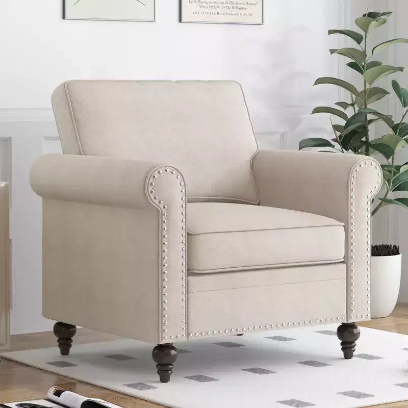 Mjkone Modern Rivet Design Accent Chair Linen Fabric Armchair Single Sofa,Mid Century 1-Seater Sofa Couch for Home/Office/Apartment