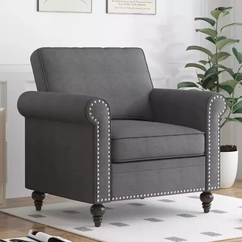 Fauteuil Accent Moderne avec Rivets, Tissu Lin, Fauteuil Simple, Canapé 1 Place du Milieu du Siècle pour Maison/Bureau/Appartement