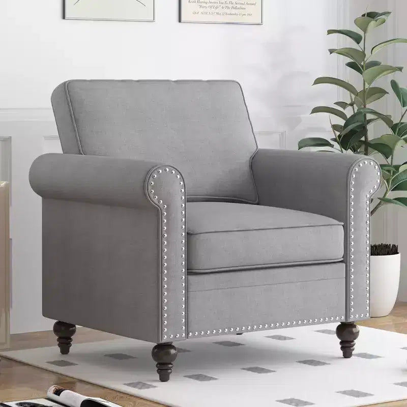 Fauteuil Accent Moderne avec Rivets, Tissu Lin, Fauteuil Simple, Canapé 1 Place du Milieu du Siècle pour Maison/Bureau/Appartement