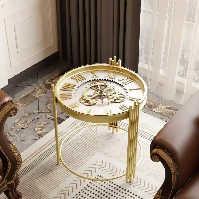 Famapy Gold Top Clock End Table w/Rotating Gear Display Round Nightstand Side Accent Table
