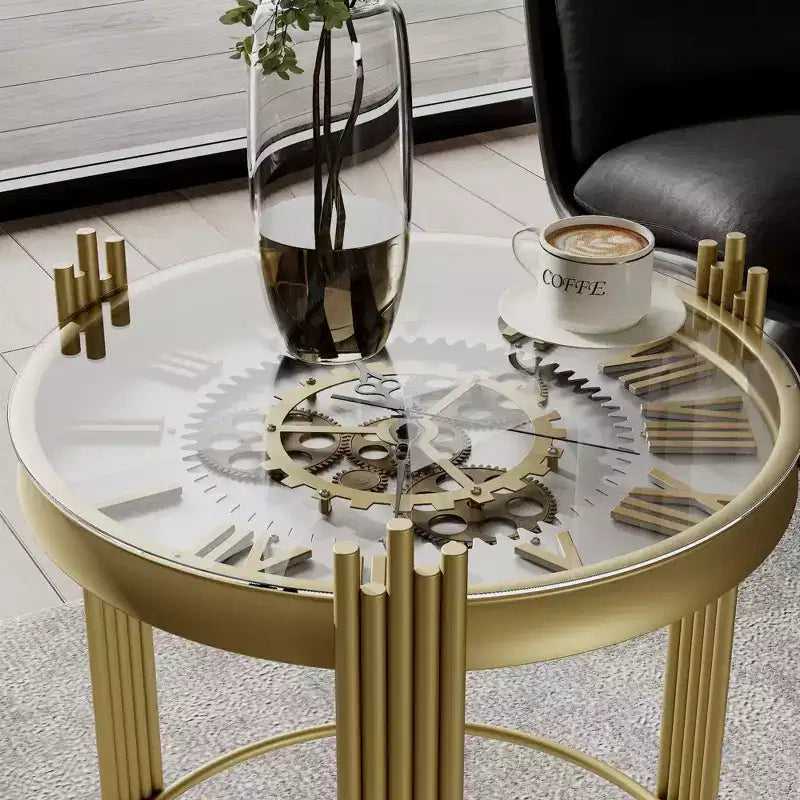 Table d'appoint ronde avec plateau doré, affichage d'engrenages rotatifs – Table de chevet/d'appoint.