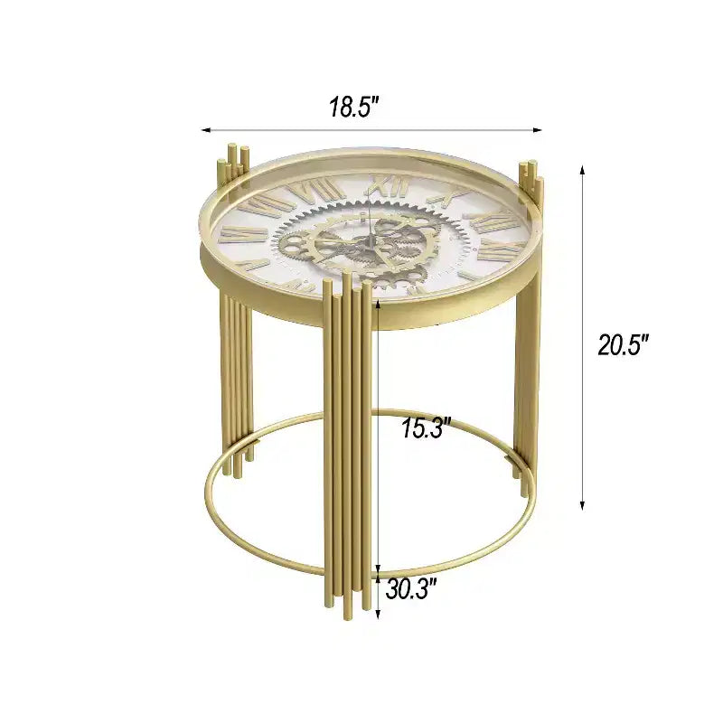 Table d'appoint ronde avec plateau doré, affichage d'engrenages rotatifs – Table de chevet/d'appoint.