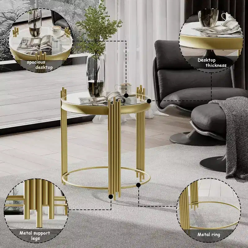 Table d'appoint ronde avec plateau doré, affichage d'engrenages rotatifs – Table de chevet/d'appoint.