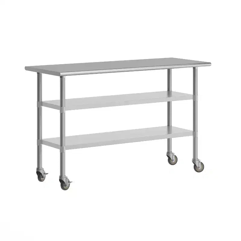 Flash Furniture Rawcliffe NSF Certified Stainless Steel Prep and Work Table 24x 48 with 2 Galvanized Steel Undershelves and 4 Casters with 2 Locking