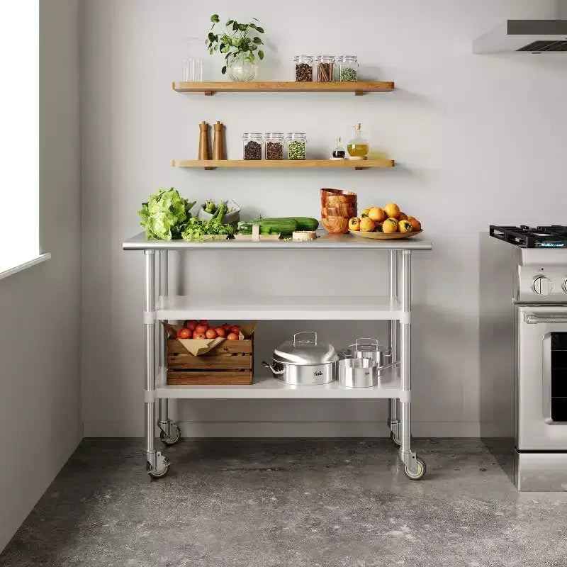 Table de préparation et de travail certifiée en acier inoxydable 24x 48 avec 2 étagères inférieures en acier galvanisé et 4 roulettes dont 2 verrouillables