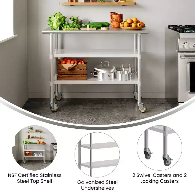 Table de préparation et de travail certifiée en acier inoxydable 24x 48 avec 2 étagères inférieures en acier galvanisé et 4 roulettes dont 2 verrouillables