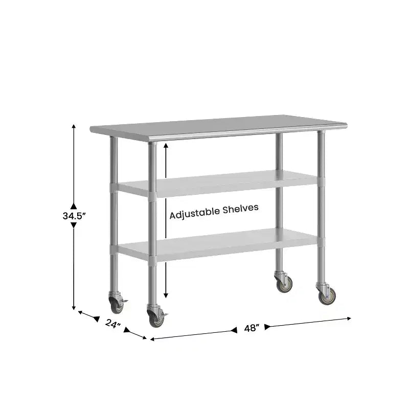 Table de préparation et de travail certifiée en acier inoxydable 24x 48 avec 2 étagères inférieures en acier galvanisé et 4 roulettes dont 2 verrouillables