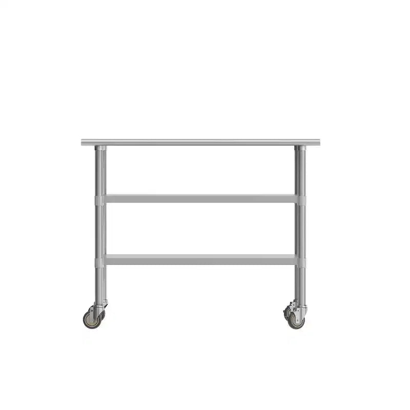 Table de préparation et de travail certifiée en acier inoxydable 24x 48 avec 2 étagères inférieures en acier galvanisé et 4 roulettes dont 2 verrouillables