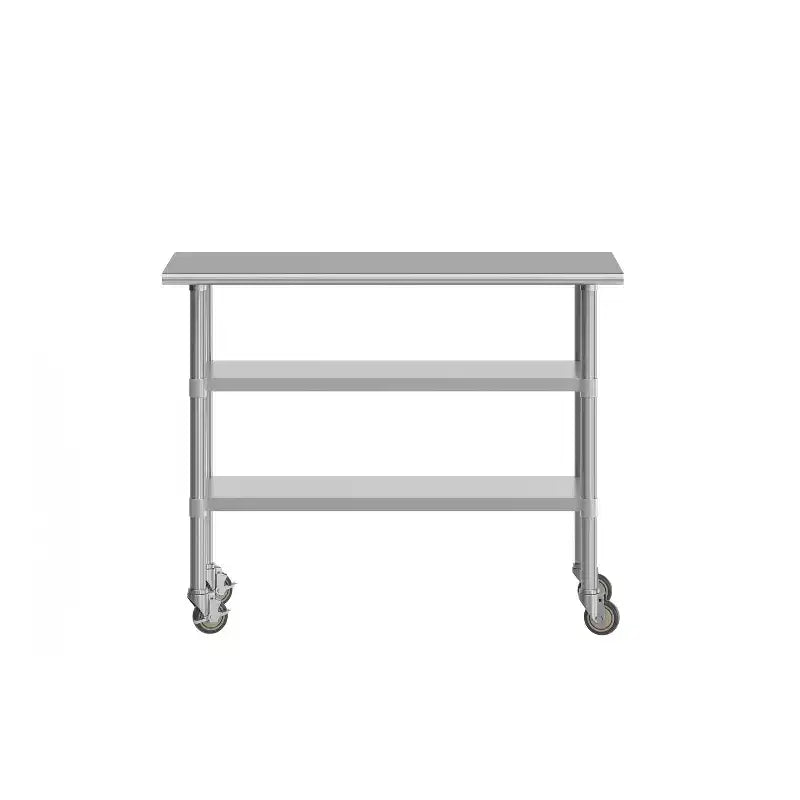 Table de préparation et de travail certifiée en acier inoxydable 24x 48 avec 2 étagères inférieures en acier galvanisé et 4 roulettes dont 2 verrouillables