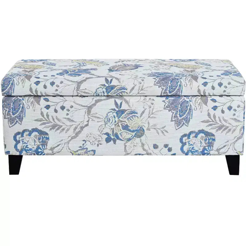 Pouf de rangement rectangulaire contemporain en bois et tissu d'ameublement à motif floral