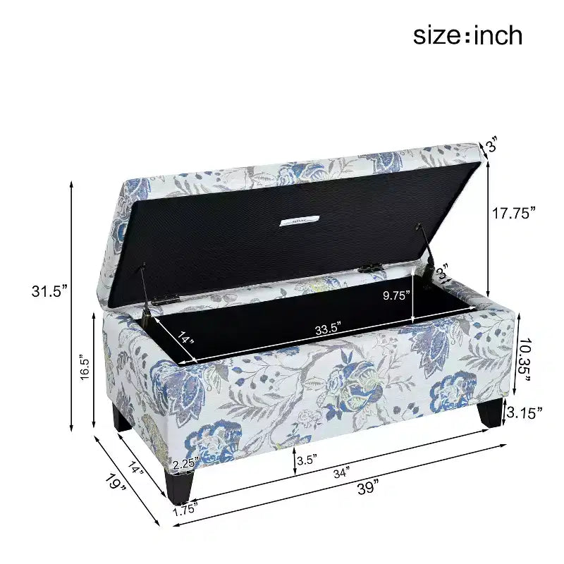 Pouf de rangement rectangulaire contemporain en bois et tissu d'ameublement à motif floral