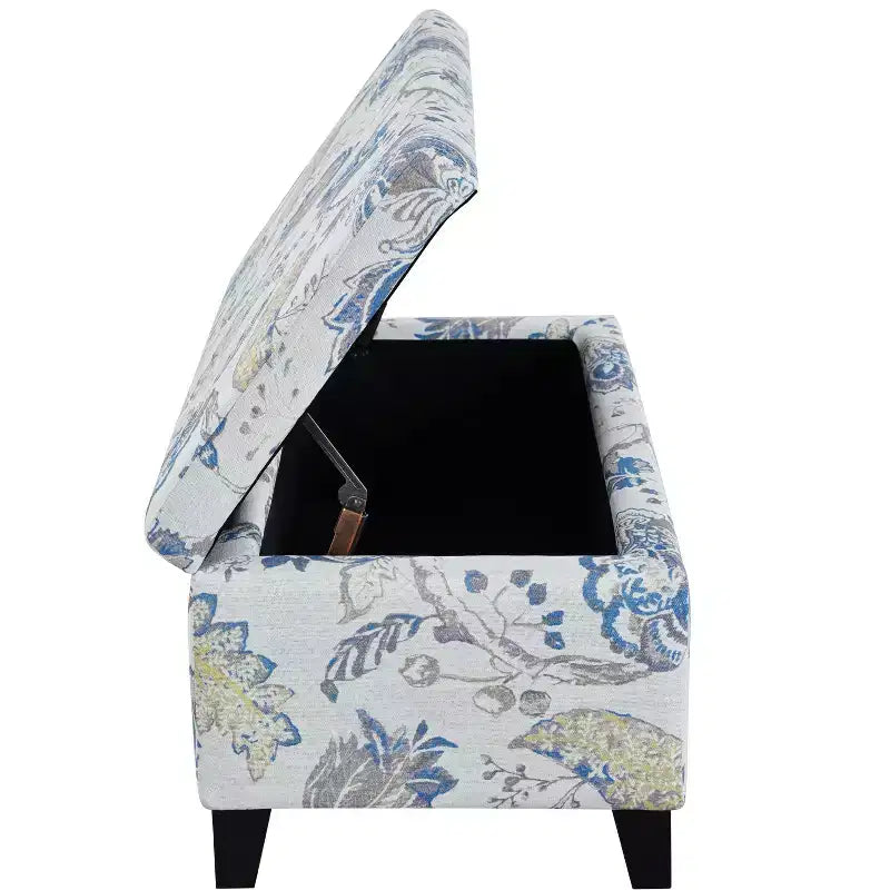 Pouf de rangement rectangulaire contemporain en bois et tissu d'ameublement à motif floral