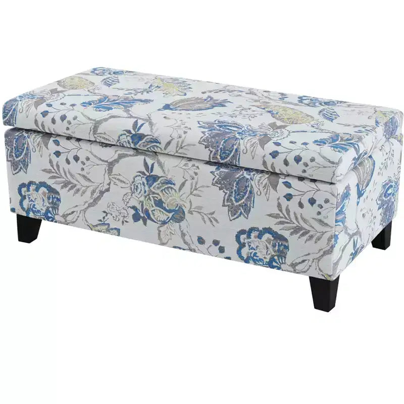 Pouf de rangement rectangulaire contemporain en bois et tissu d'ameublement à motif floral