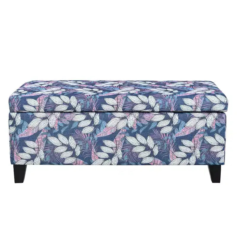 Pouf de rangement rectangulaire contemporain en bois et tissu d'ameublement à motif floral