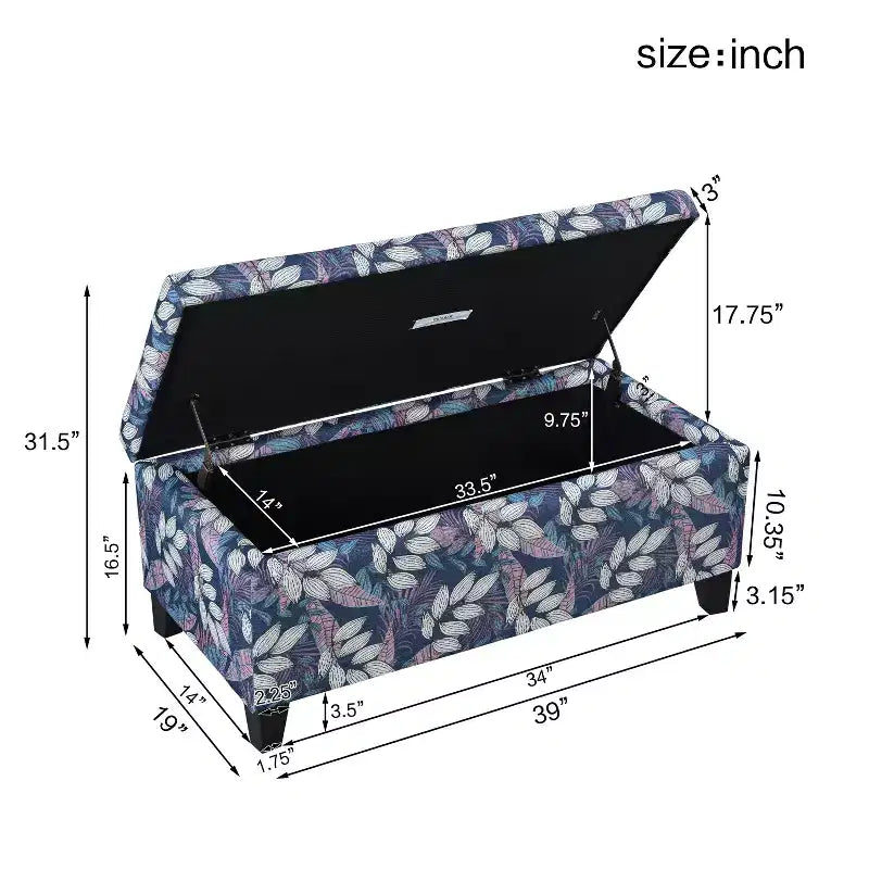 Pouf de rangement rectangulaire contemporain en bois et tissu d'ameublement à motif floral