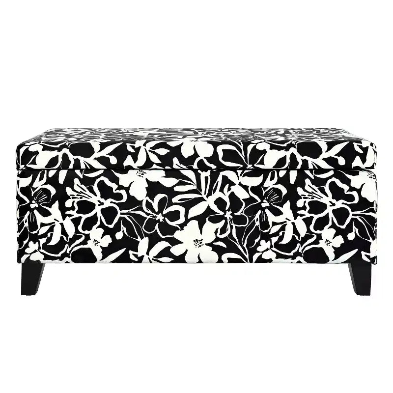 Pouf de rangement rectangulaire contemporain en bois et tissu d'ameublement à motif floral