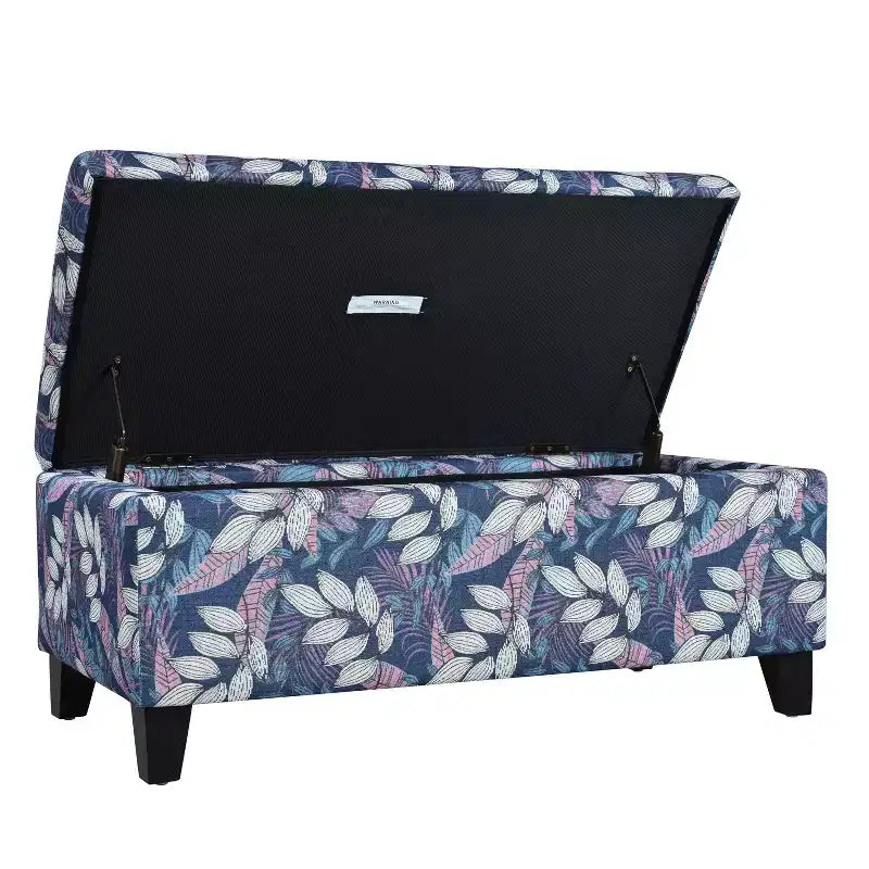 Pouf de rangement rectangulaire contemporain en bois et tissu d'ameublement à motif floral