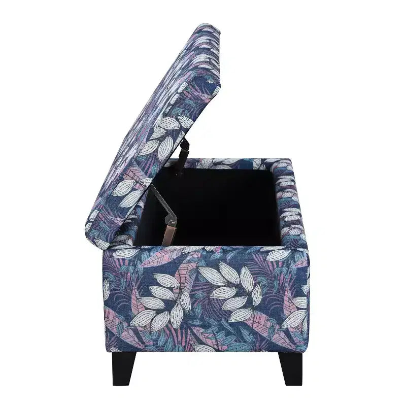 Pouf de rangement rectangulaire contemporain en bois et tissu d'ameublement à motif floral
