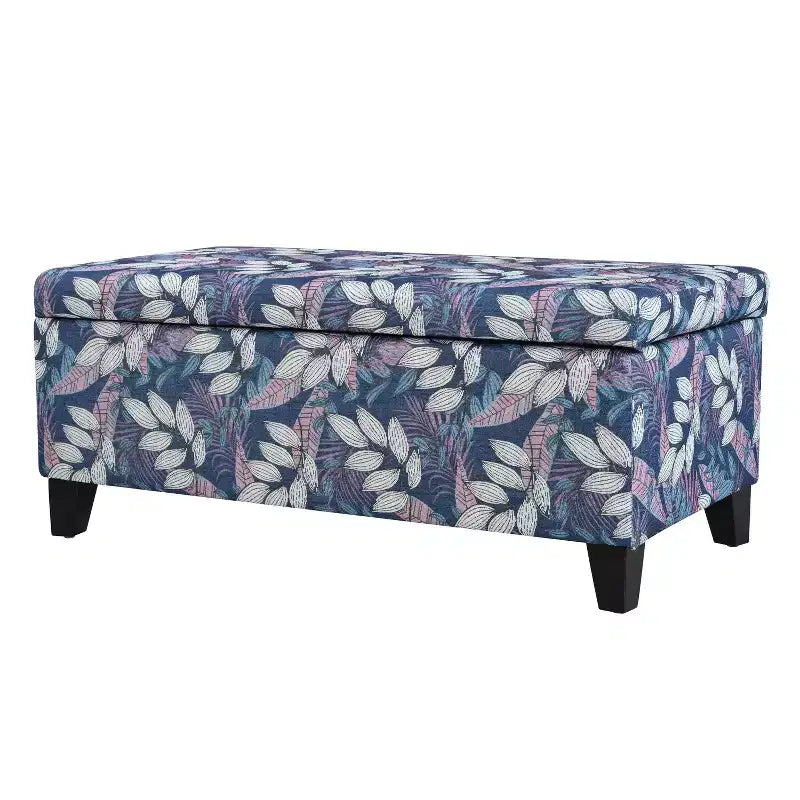 Pouf de rangement rectangulaire contemporain en bois et tissu d'ameublement à motif floral