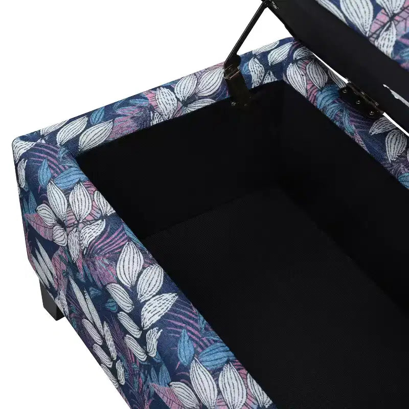 Pouf de rangement rectangulaire contemporain en bois et tissu d'ameublement à motif floral