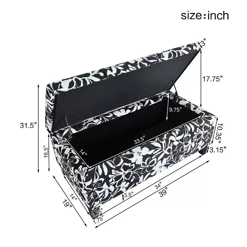 Pouf de rangement rectangulaire contemporain en bois et tissu d'ameublement à motif floral