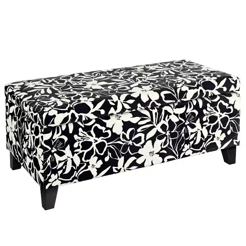 Pouf de rangement rectangulaire contemporain en bois et tissu d'ameublement à motif floral