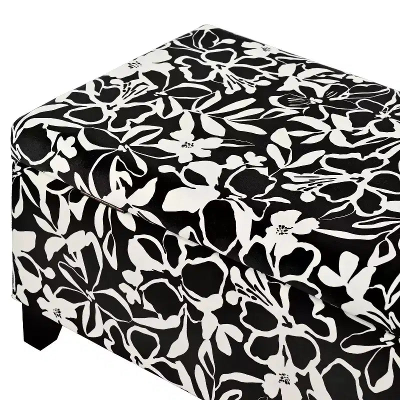 Pouf de rangement rectangulaire contemporain en bois et tissu d'ameublement à motif floral