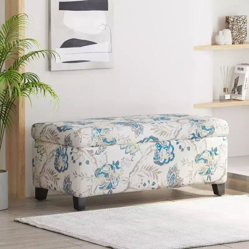 Pouf de rangement rectangulaire contemporain en bois et tissu d'ameublement à motif floral