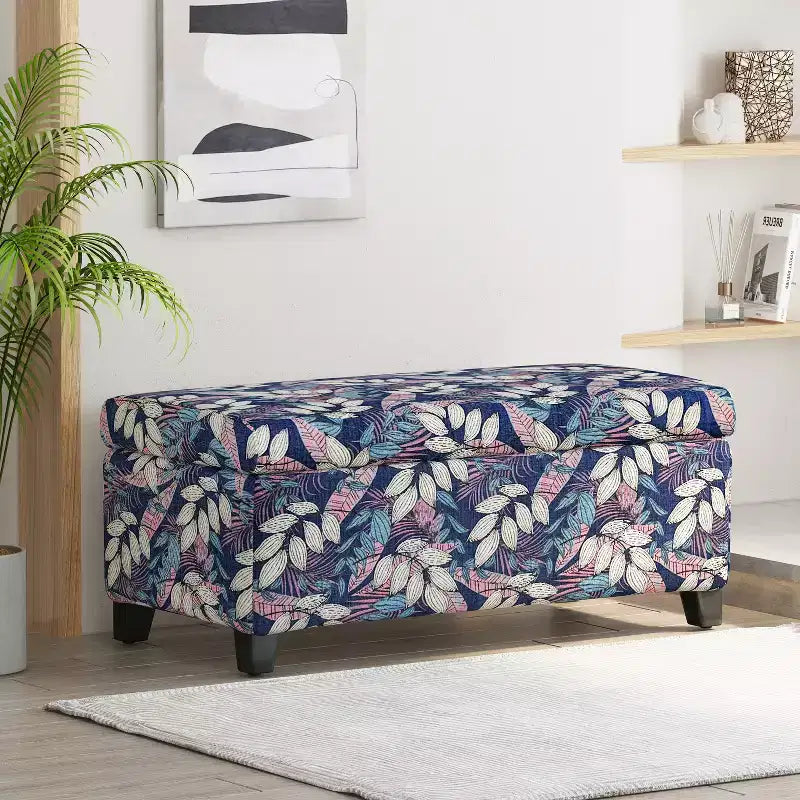 Pouf de rangement rectangulaire contemporain en bois et tissu d'ameublement à motif floral