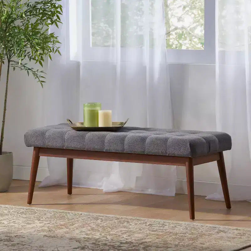 Ottoman en bois d'hévéa capitonné et rembourré, style Mid-Century Modern 44