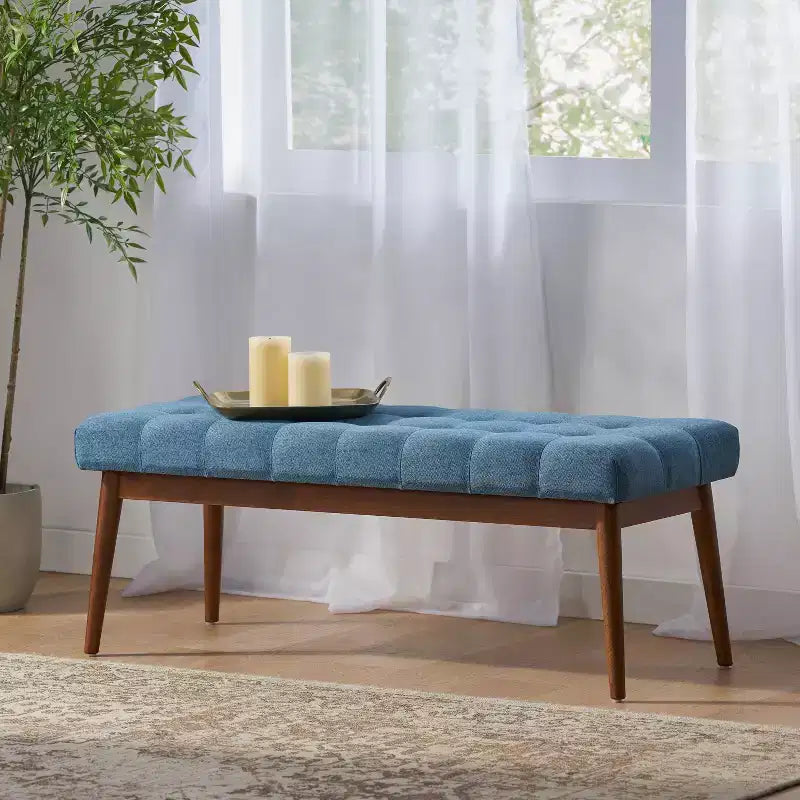 Ottoman en bois d'hévéa capitonné et rembourré, style Mid-Century Modern 44