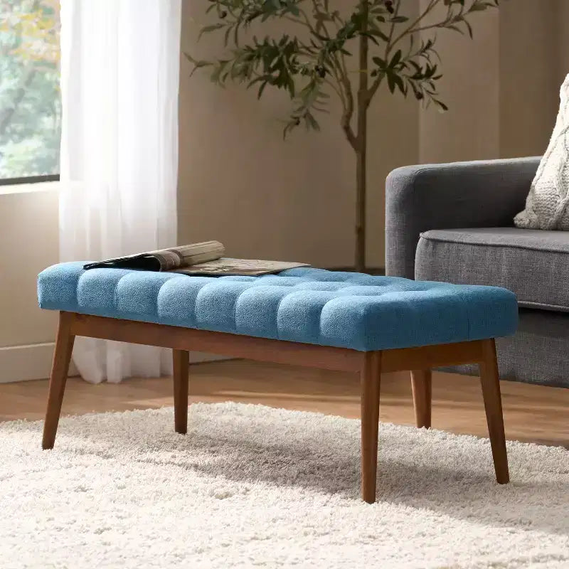 GDFStudio Flora Mid Century Modern 44 Upholstered Tufted Rubberwood Ottoman