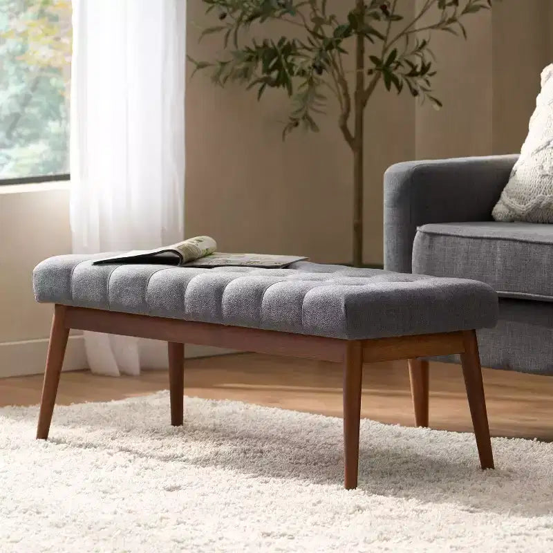 Ottoman en bois d'hévéa capitonné et rembourré, style Mid-Century Modern 44
