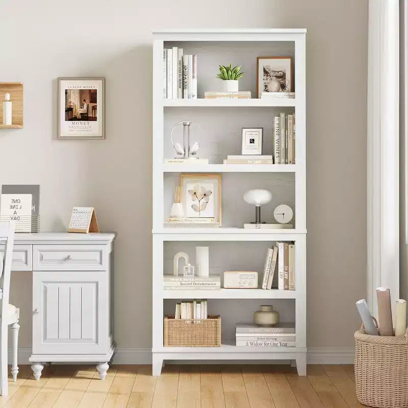 5 Tier Tall White Bookshelves, Large Wooden Bookcase with Adjustable Shelves
