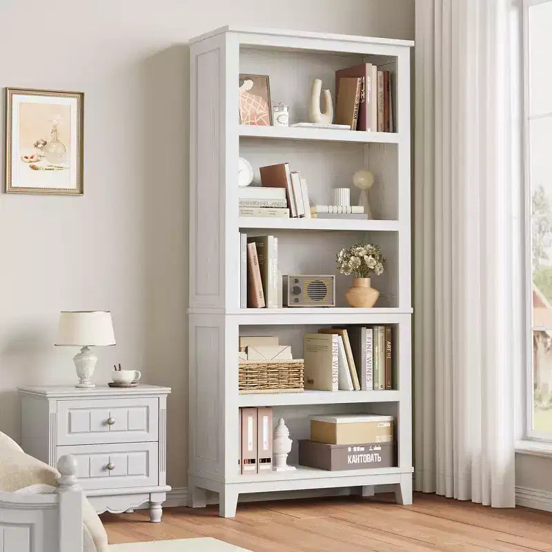 Étagère haute blanche à 5 niveaux, grande bibliothèque en bois avec étagères réglables