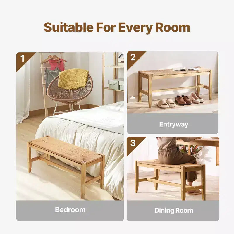 Banc en rotin, banc en rotin de 40", banc d'entrée avec pieds en chêne, banc de chambre bohème en bout de lit avec rotin tressé à la main