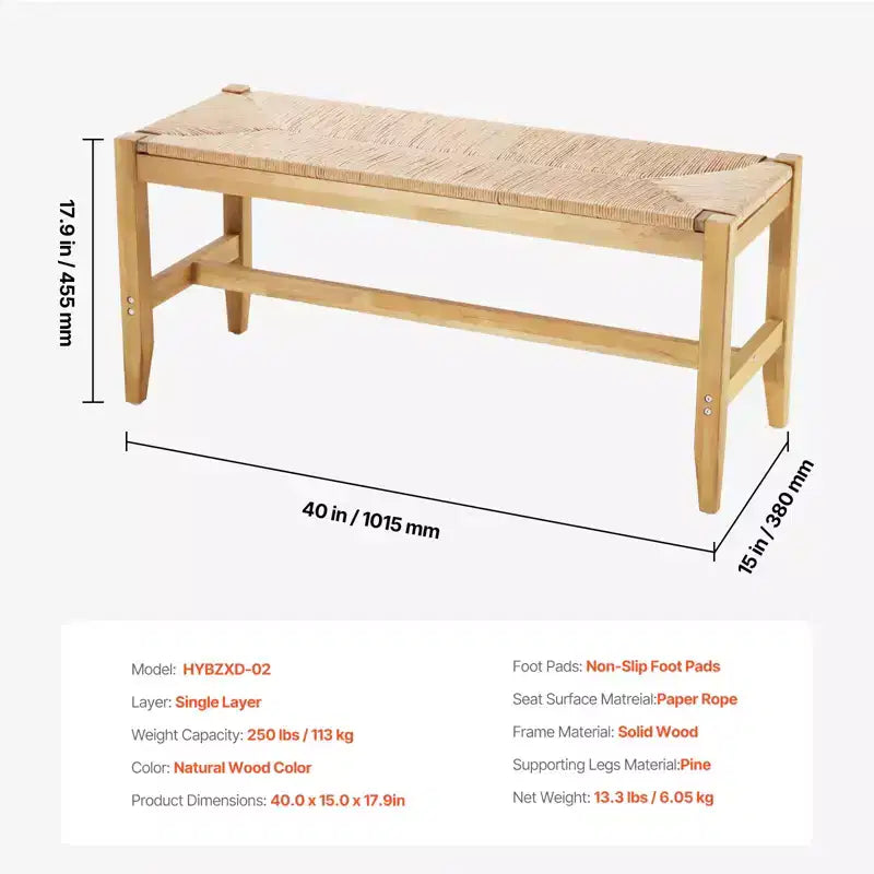 Banc en rotin, banc en rotin de 40", banc d'entrée avec pieds en chêne, banc de chambre bohème en bout de lit avec rotin tressé à la main