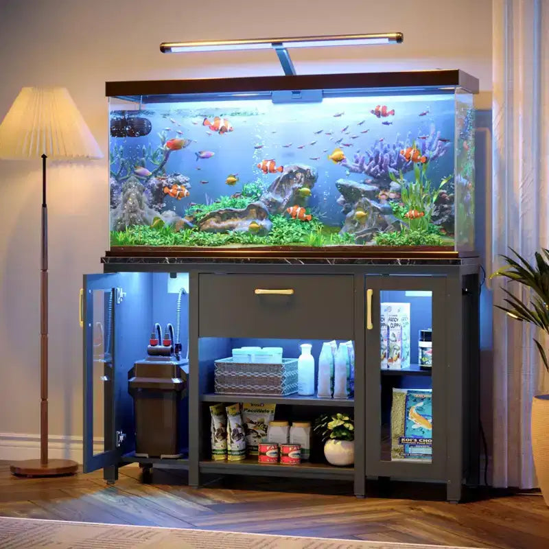 Bestier 55 Gallon Fish Tank Stand Metal Aquarium Stand with Storage Cabinet & Power Outlets LED Light, 750lbs Capacity, Black