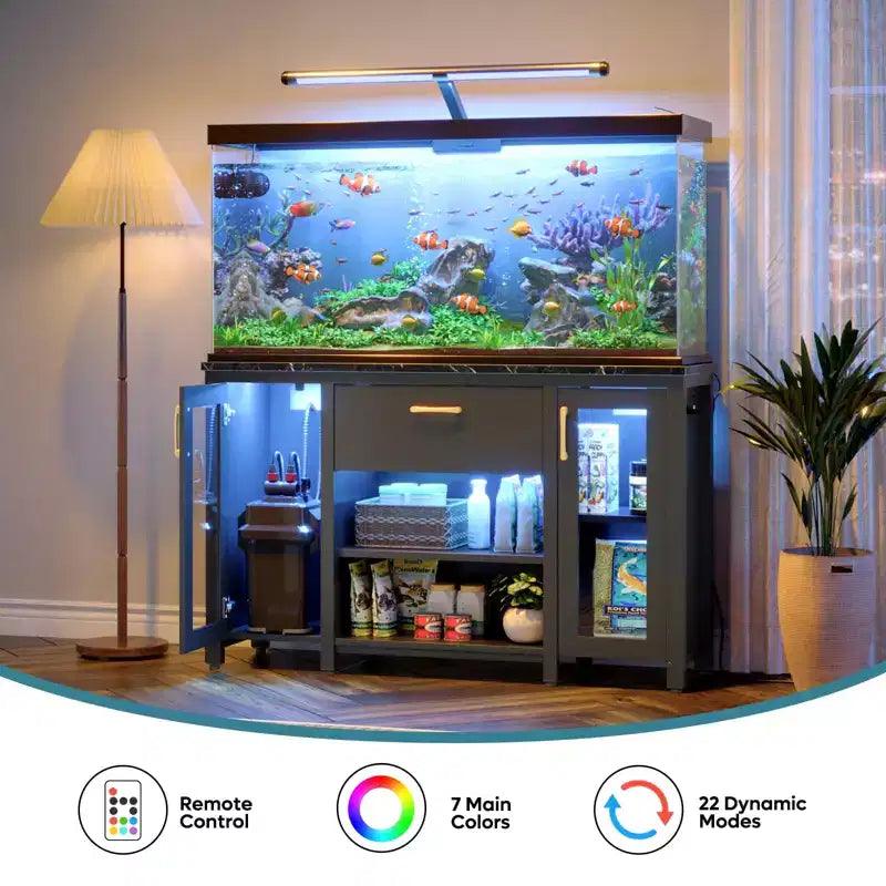 Meuble de support pour aquarium en métal avec rangement et prises de courant, éclairage LED, capacité de 340 kg, noir