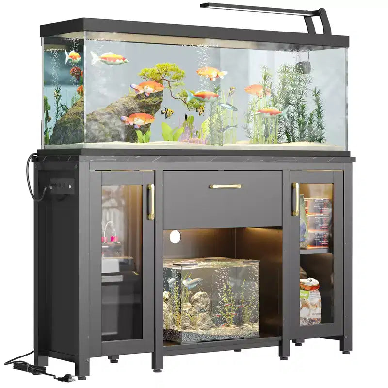 Meuble de support pour aquarium en métal avec rangement et prises de courant, éclairage LED, capacité de 340 kg, noir