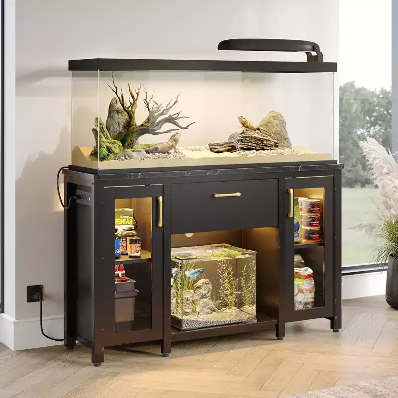 Meuble de support pour aquarium en métal avec rangement et prises de courant, éclairage LED, capacité de 340 kg, noir