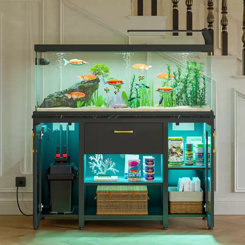 Meuble de support pour aquarium en métal avec rangement et prises de courant, éclairage LED, capacité de 340 kg, noir